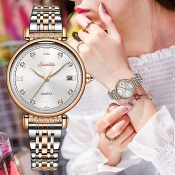 

SUNKTA Luxury Crystal Watch Women's Waterproof Rose Gold Steel Band Women's Watch Wristband Top Brand Bracelet Clock Reloj Mujer