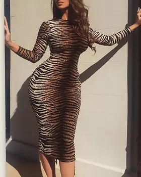 

Women Ladies Bandage Bodycon Dress Long Sleeve Tiger Pattern Evening Party Sheath Club Short Knee Length Dress Female Robe