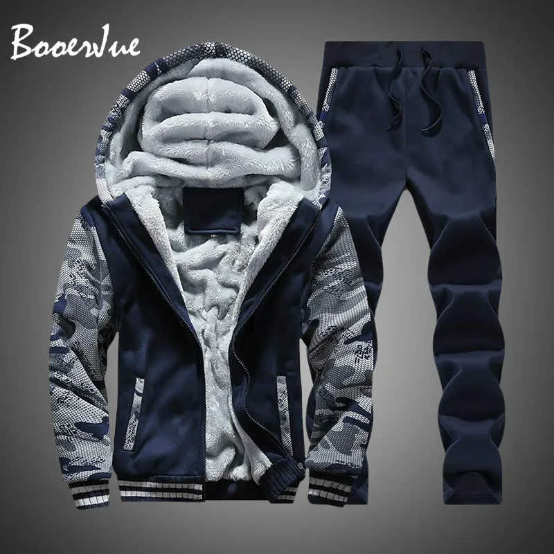 Chándal hombres de camuflaje de invierno sudaderas con capucha Casual cálido con capucha sudaderas de lana gruesa de 2PC chaqueta + pantalón de los hombres Moleton Masculino M-4XL