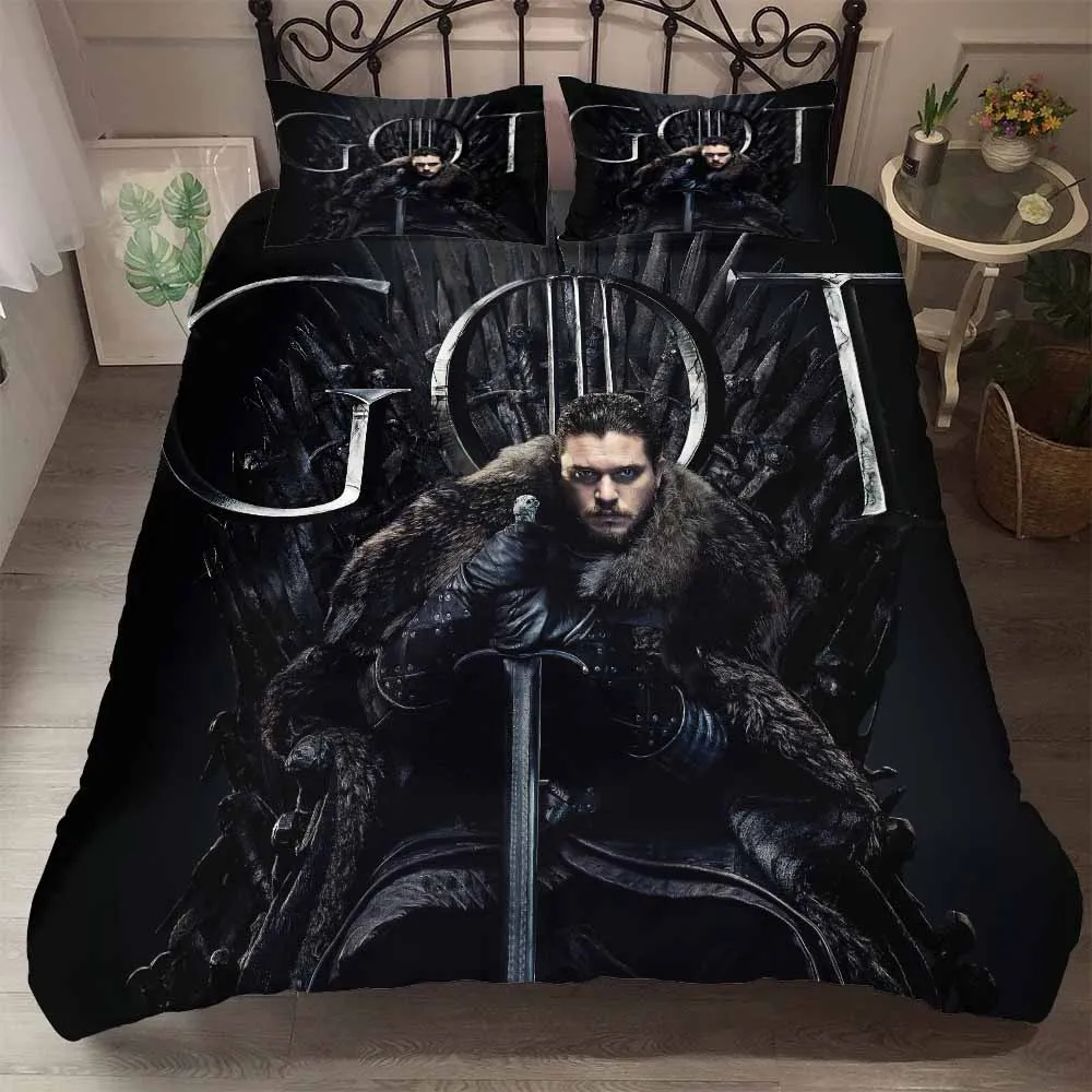 

Movies Character Duvet Cover Set 3D Men Holding Sword Got Printed 3 Pieces Black Microfiber Home Bedding Set with 2 Pillow Sham
