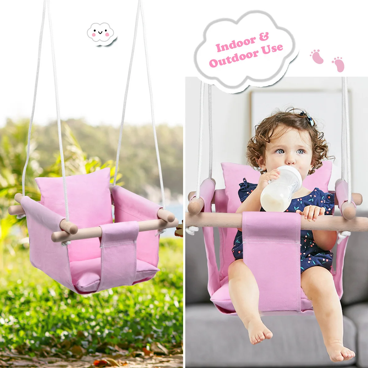 Baby Canvas Hanging Swing w/ Cotton Home Outdoor Hammock Toy for Toddler Pink 2
