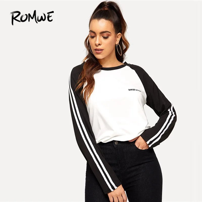 

Romwe Sport Letter Embroidered Striped Tape T Shirt Women Clothing Autumn Fitness Raglan Long Sleeve Tshirt Jogging Exercise Top