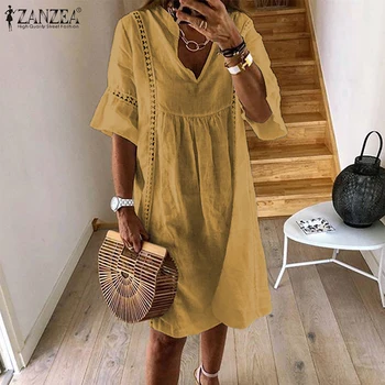 ZANZEA 2021 Summer Lace Dress Women s Sundress Fashion Flare Sleeve Short Vestido Female Bohemian