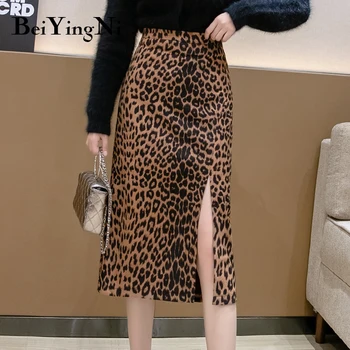 

Beiyingni A-line Skirts Womans Autumn Winter Fashion Midi Saias Femme High Waist Package Hip Skirt Leopard Split Faldas Clothes