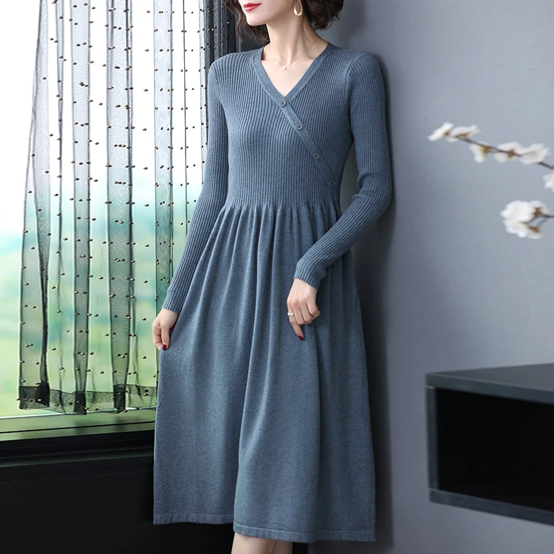 

New 2019 Women Autumn Winter Dress V-neck Knitted Dresses High Quality Solid color elastic A-line Sweater dresses