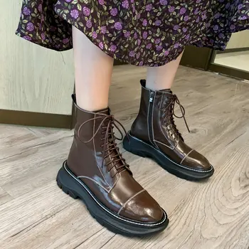

EshtonShero Boots Female 2020 Autumn New Genuine Leather Women Boots Lace Up Zipper Round Toe Black winter women shoes Size 3-9