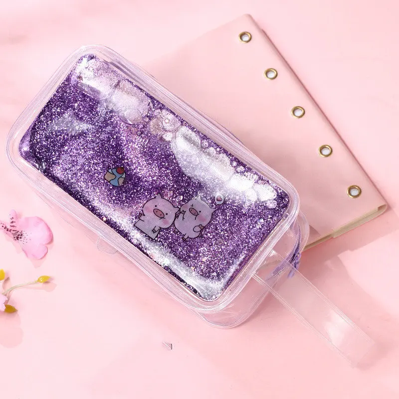 purple bigger Пенал для ручек, коробка для ручек, чехол для письма, зыбучий песок, жидкость, милый поросенок, конфетный цвет, золотой порошок, водонепроницаемый обучающий инструмент, школьные канцелярские принадлежности для детей - Цвет: purple bigger