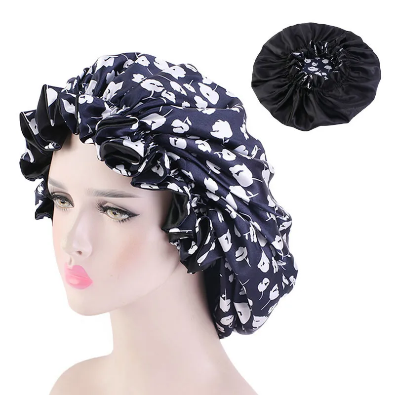 New Double-Sided Reversible Satin Bonnet Hat Large Satin Linned Bonnet Sleep Cap Silky Night Sleep Cover Cap Lady Hair Styling