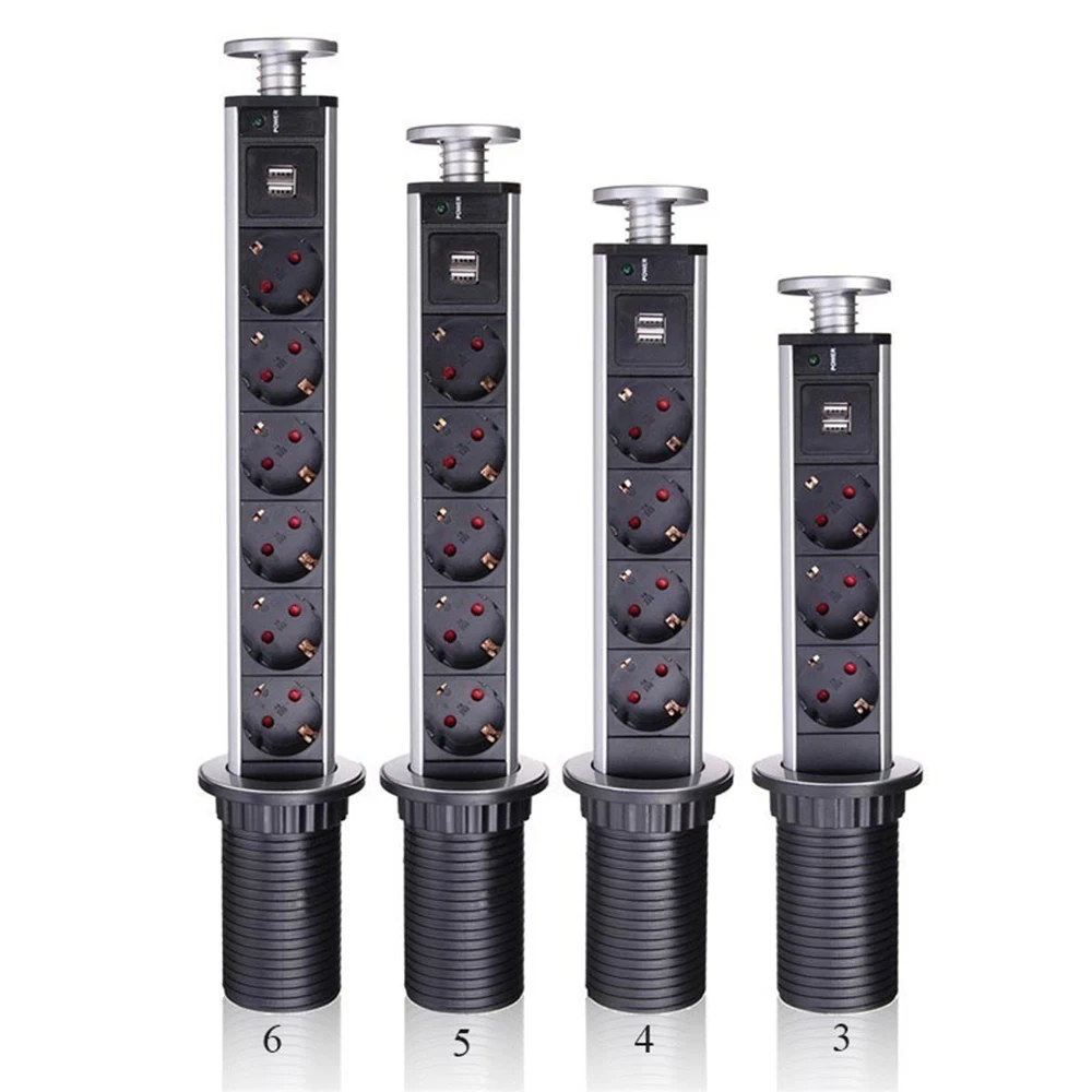

3/4/5/6 Power EU Plug Electrical Socket Power With 2 USB Ports Recessed Power Strip Outlets Aluminium Alloy Shelf Power Station