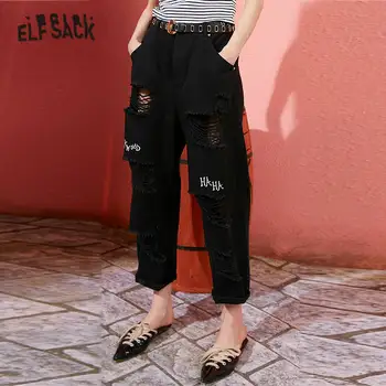 

ELFSACK Red Solid Letter Embroidery Ripped Casual Jeans Woman 2020 Spring Black Straight Korean Ladies Daily Ankle Length Pants
