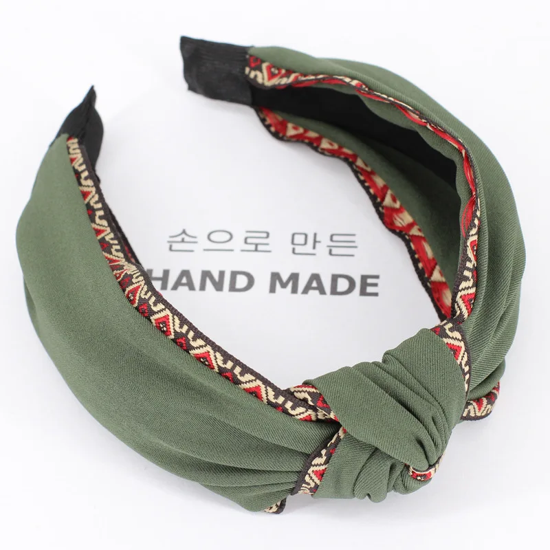 Army Green Helisopus модная Женская эластичная повязка на голову с крученым узлом, широкий головной убор, богемная Этническая вышивка, Женская лента для волос, аксессуары для волос - Цвет: Army Green