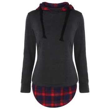 

Women Winter Harajuku Plaid Hoodies Female Autumn Long Black Patchwork Slim Lace Up Casual Sweatshirts Pullovers Plus Size 2XL