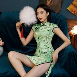 Зеленые желтые восточные платья Мини Cheongsam летние женские повседневные Короткие вечерние платья Чонсам китайские цветы магнолии Qipao