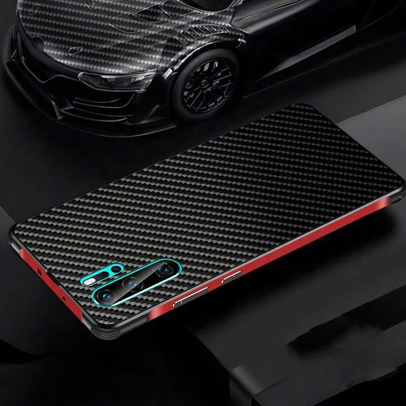 

for Huawei P30 Pro P30 Lite P20 Pro Lite Nova 4e 3e Case Carbon Fiber Back + Metal Frame Bumper Airbag Cover Funda Phone Casing