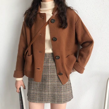 

2019 Autumn Women Sweater Harajuku Korean Long Sleeve Turn Down Collar Pockets Loose Cardigans Fashion Casual Knitwear Sweater