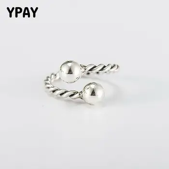 

YPAY Prevent Allergy 925 Sterling Silver Open Rings for Women Vintage Twisted Double Ball Open Ring Fine Wedding Jewelry YMR326