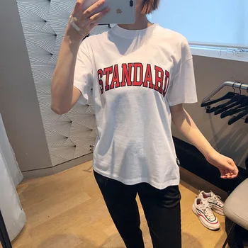 

Women T-shirt Printed Letters College Style Round Neck Short-sleeved T-shirt