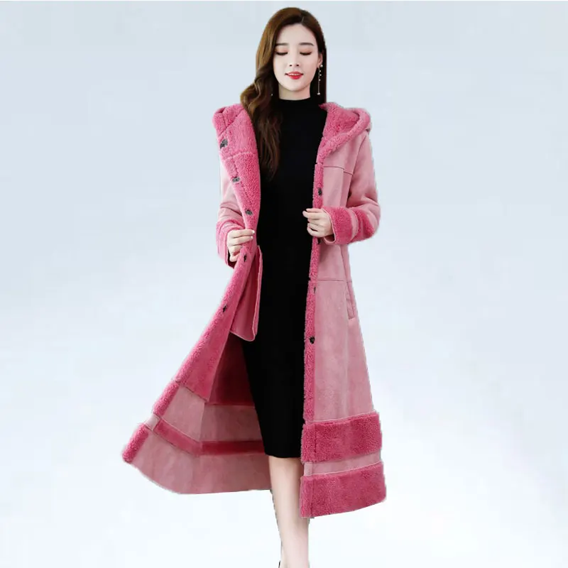 

-25 degrees Winter Faux Coat Women Hooded Parka Women Fur jacket X-Long Coat Thick Warm Wool Sheep Leather Overcoat Wool liner