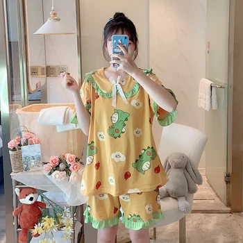 

Cute Cartoon Sleepwear Set Women Summer Cotton Pajamas Casual Short Sleeve Shorts Loungewear 2pcs Doll Collar Leisure Wear S193