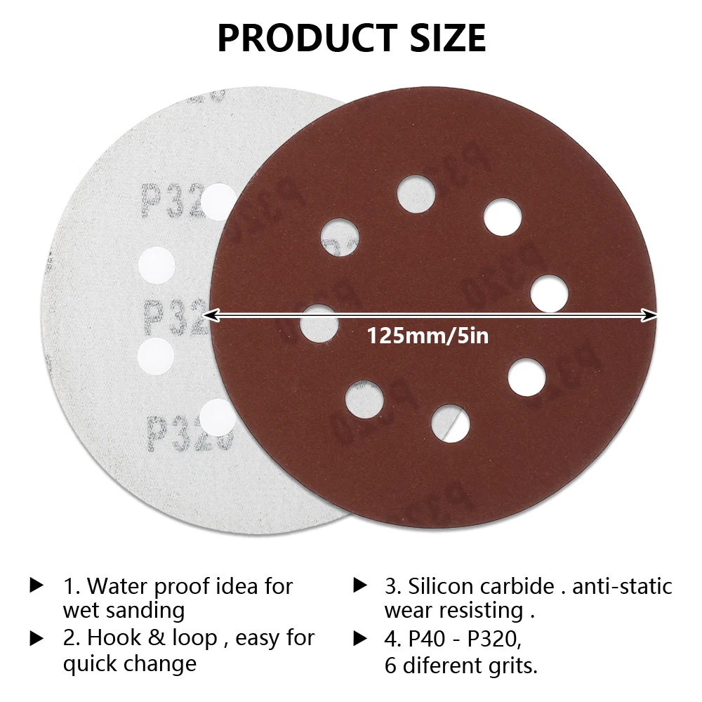 5 Inch 8 Hole Sanding Discs 125 Mm Round Sander Pads 40-320 Grit Wood Metal Disc Water Flocking Polishing Sandpaper Power Tools