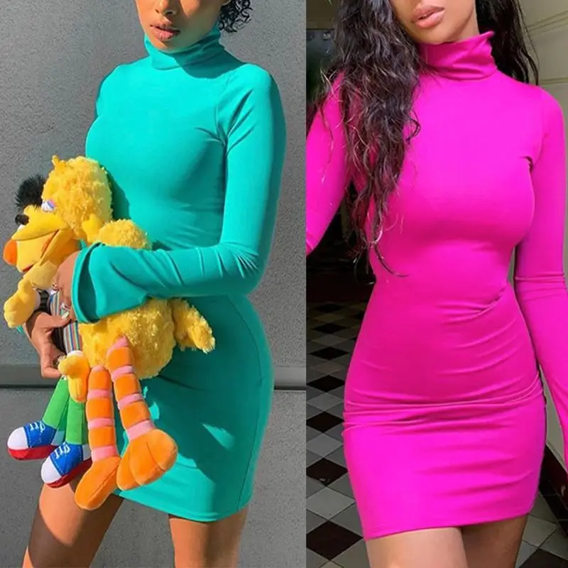 green neon roll neck bodycon dress