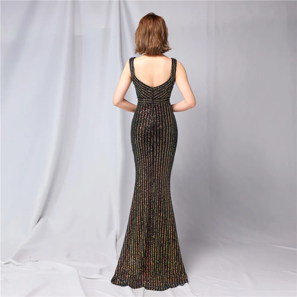 2022 New Women Double Colour Sequins Long Party Gown Robe Soiree Elegant Formal Dress Vestido Sexy V Neck Mermaid Evening Dress modest prom dresses