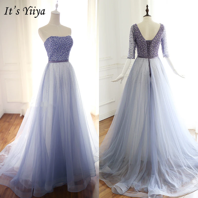 

It's Yiiya Evening Dress 2019 Strapless Sleeveless Long Party Formal Dresses Crystal Backless Lace Up Lace Robe de Soiree E962