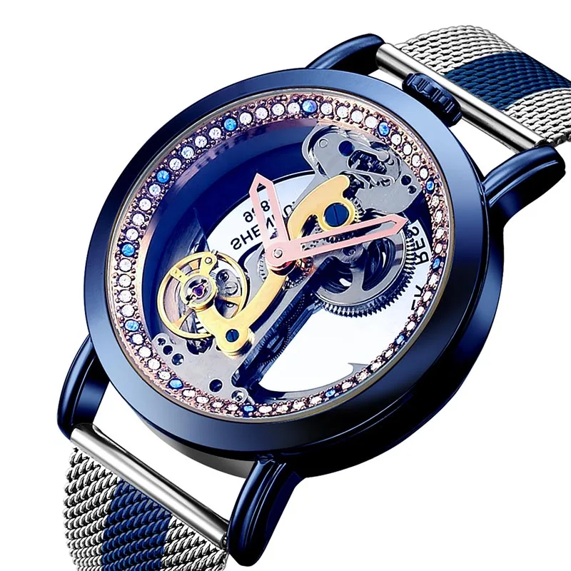 SH9585GSE Relogio Masculino Полный стальной Прозрачный Скелет Механические наручные часы мужские часы лучший бренд класса люкс Золотой мост наручные часы - Цвет: SH9585GSE