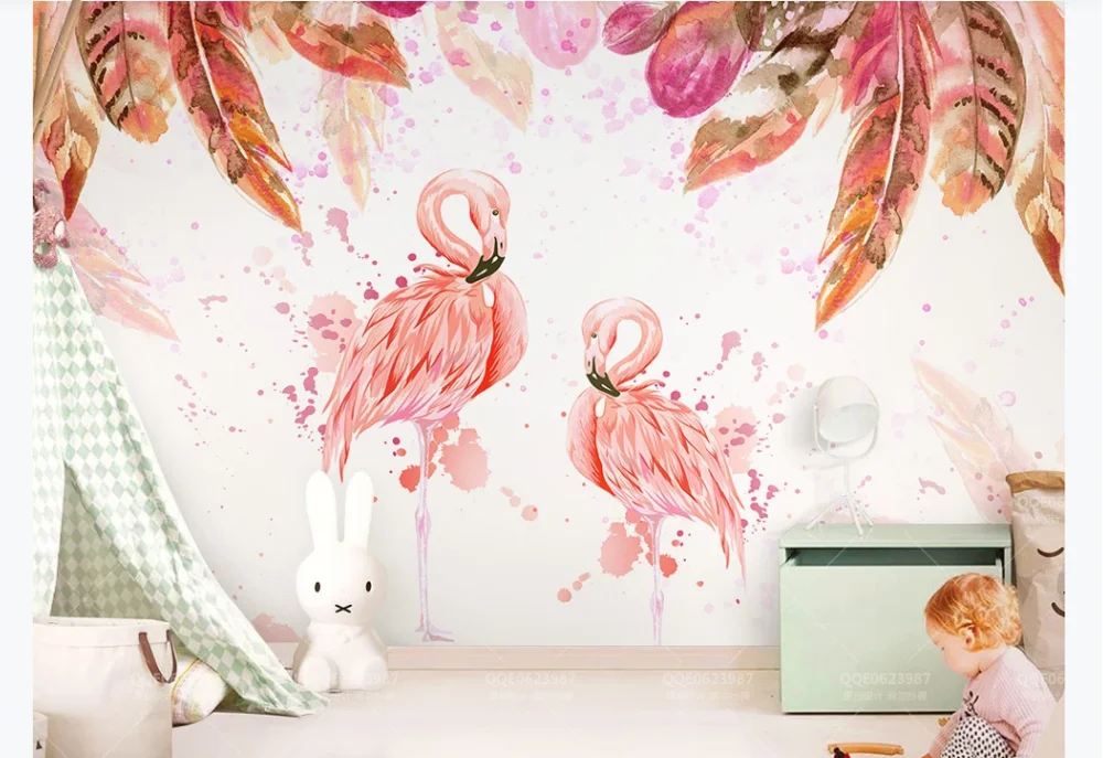 

Custom 3d wallpaper mural medieval hand-painted flamingo pink watercolor feather TV background wall