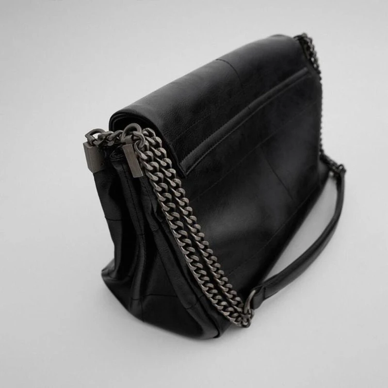 Shoulder Leather Bag Women, Black Leather Flap Handbag