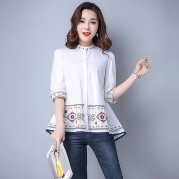 

#2953 Blue White Embroidery Floral Blouse Shirt Tops Women Stand Collar Casual Vintage Loose Shirts Slim Three Quarter Sleeve