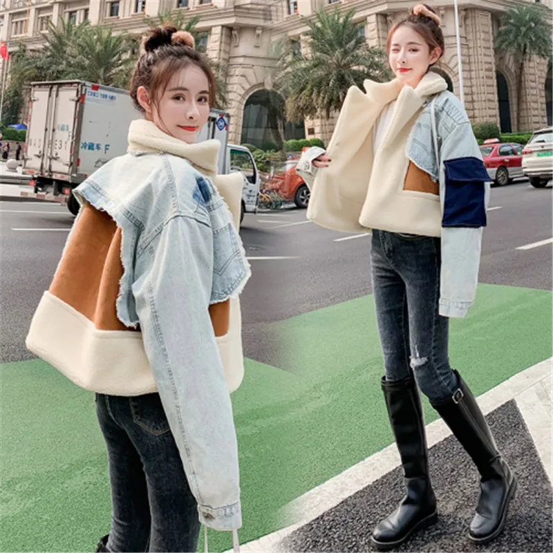 price cut  Stylish Color Blocking Denim Fabric Patchwork Lamb Wool Coat Women Thick Warm Winter Jacket Woman F