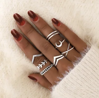 

7 Pcs/set Classic Ring Simple Vintage Moon Cross Leaves Geometric Silver Knuckle Joint Finger Rings Women Wedding Gifts Jewelry