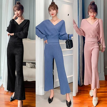 

CBAFU elastic tracksuit knitted women 2 piece set v neck long sleeve pullovers sweater pants suit autumn winter knit suit P508