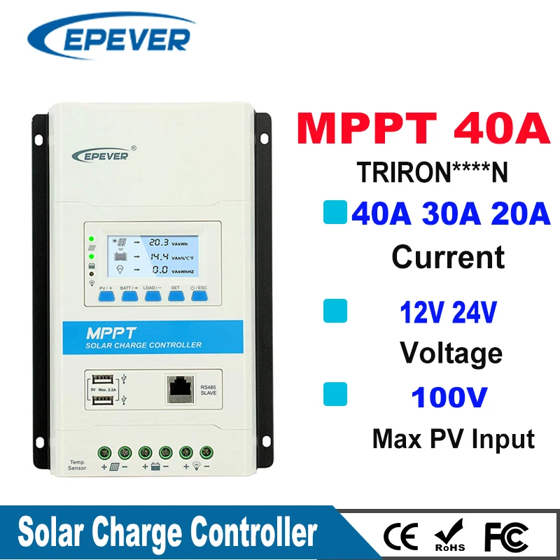 Epever 40A 30A 20A TRIRON модульный MPPT Солнечный Контроллер заряда 12 В/24 В постоянного тока