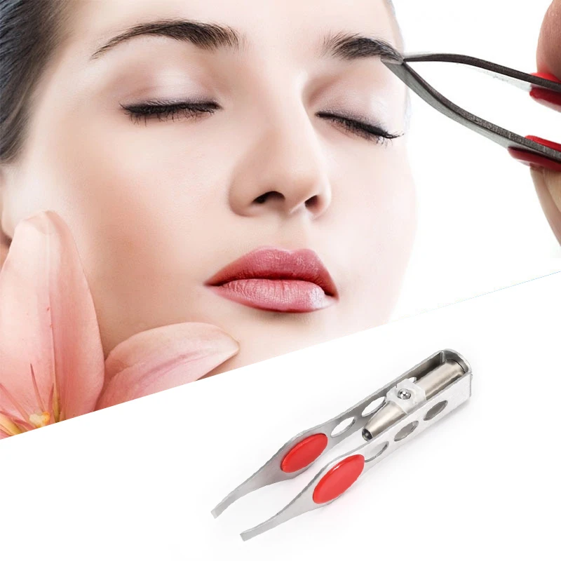 Mini Clip de CEJA clara LED de acero inoxidable, pinzas de desplume de cejas de cuatro orificios, alicates de eliminación de vello de boca oblicuo, herramienta portátil