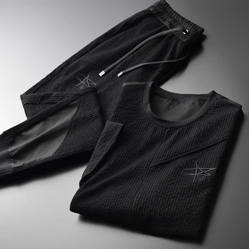 

Mens (t-shirt+pants) Black Luxury Embroidery Short Sleeve Men Plus Size 4xl Vertical Stripe Summer Man Sets