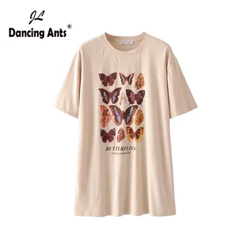 

Woman Cotton T-Shirt O-Neck Short Sleeve Korean Edition Plus Size Tops 2020 Summer New Female Fashion Butterfly Print Tees