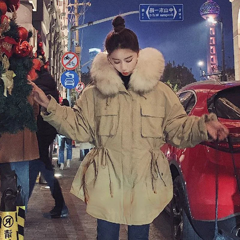 

2019 Khaki Mid-length Loose-Fit Hooded Large Fur Collar Korean-style New Style Thick Workwear Cotton Overcoat Women's Winter