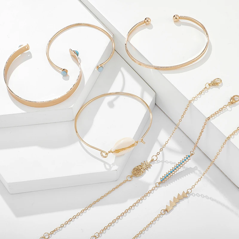 Docona Boho основа футболка с вырезом лодочкой, стрелка многослойный браслет набор для Для женщин Металл открытие регулируемый браслет-цепочка браслет 7 шт./компл. 9628