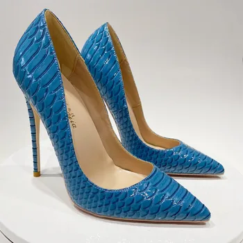 

2020 autumn new blue snake pattern pointed toe shallow stiletto single shoes feminine all-match high heels 10cm women's shoes