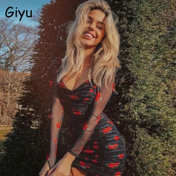 

Giyu Sexy Vintage Floral Print Dress Women Spring Summer Lace Up Drawstring Mesh Club Dresses V Neck Ruch Bodycon Mini Vestidos