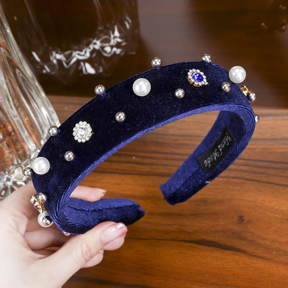 Navy Blue Levao зимняя теплая бархатная повязка на голову для женщин, шикарные барочные Стразы, жемчужный ободок для волос, синий Кристальный обруч для волос, широкие повязки на голову - Color: Navy Blue