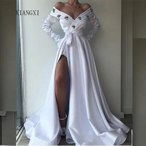 As image Vestidos белое вечернее платье с открытыми плечами, атласные вечерние платья трапециевидной формы, Длинные вечерние платья в пол - Цвет: As image