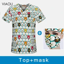 V-образный вырез дышащий стоматологическая клиника скрабы Топы мультфильм печати Pet костюмы врача больница уход скрабы Топы медицинская Рабочая одежда