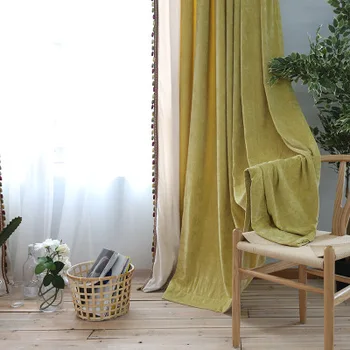 

European Style Curtains for Living Room Bedroom Simple Solid Color Stitching Chenille Cashmere Fabric Curtain Cotton White Tulle