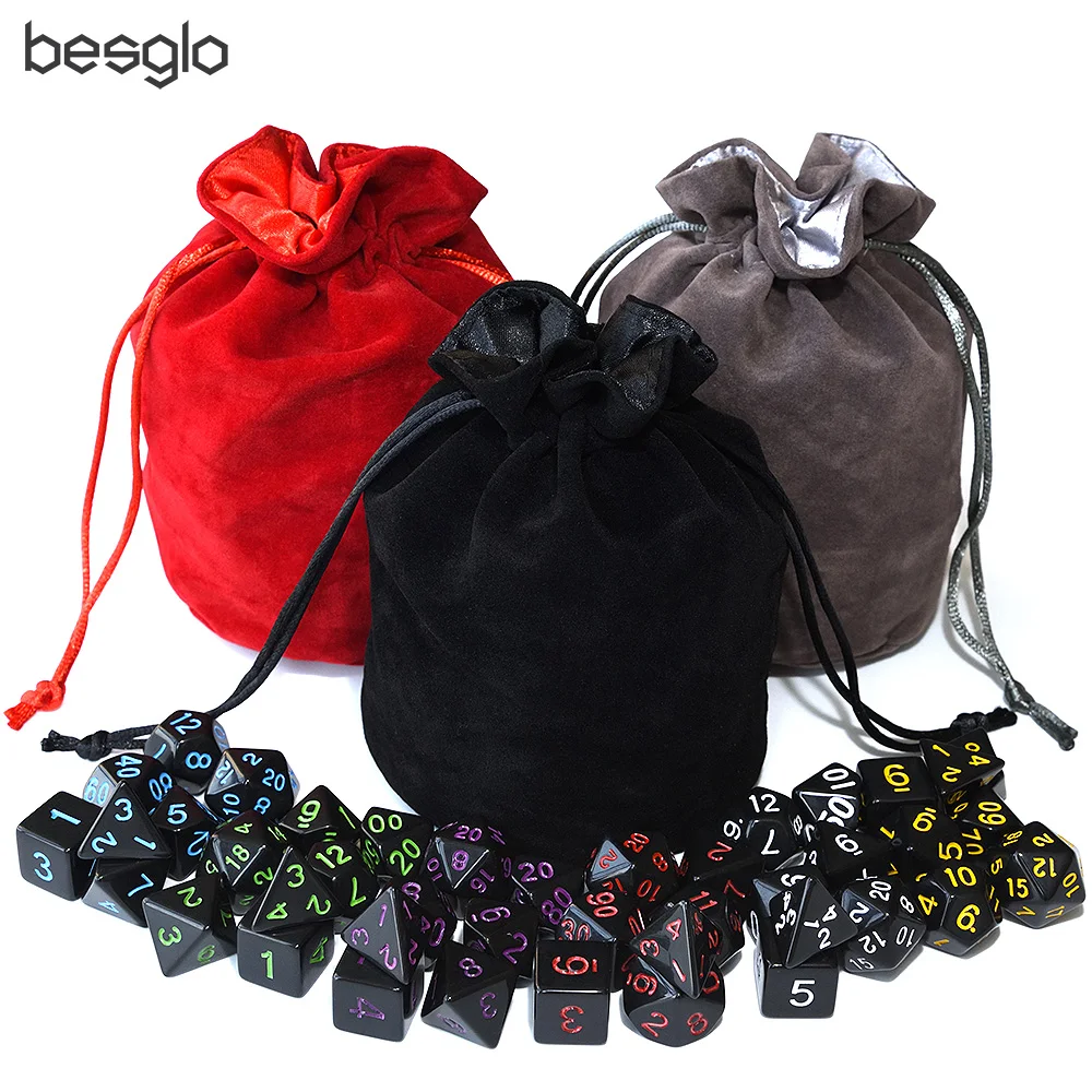 

Opaque Black Polyhedral Dice 6 Sets and Drawstring Velvet Pouch for DnD RPG Board Games D4 D6 D8 D10 D% D12 D20
