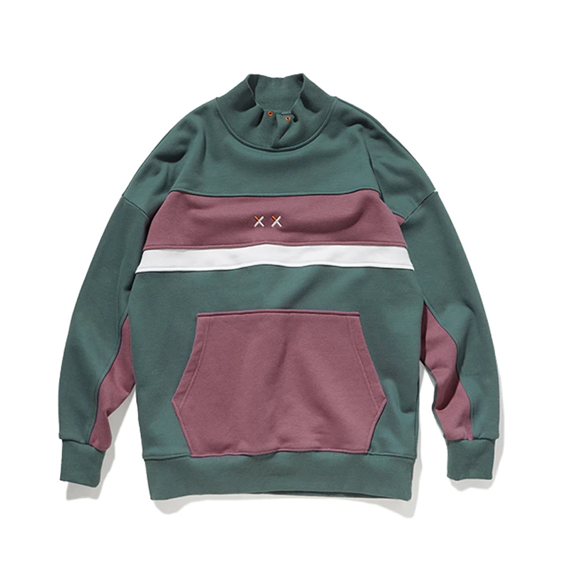 

2019 Autumn Vintage Color Block Patchwork High Collar Pullover Sweatshirts Hoodies Men Harajuku Hip Hop Casual Fashion Tops