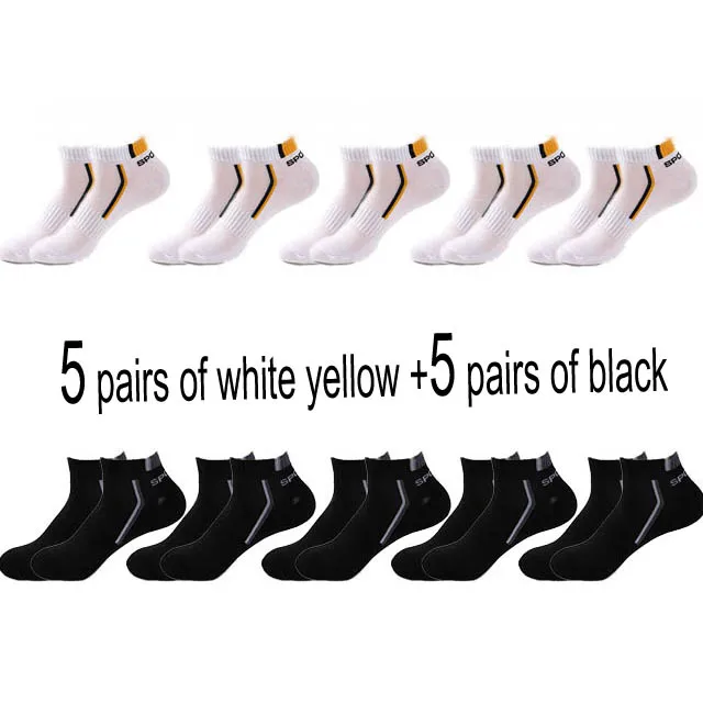 10 Pair High Quality Men Ankle Socks Breathable Cotton Sports Socks Mesh Casual Athletic Summer Thin Cut Short Sokken Size 38-48 5yellowwhite 5 black