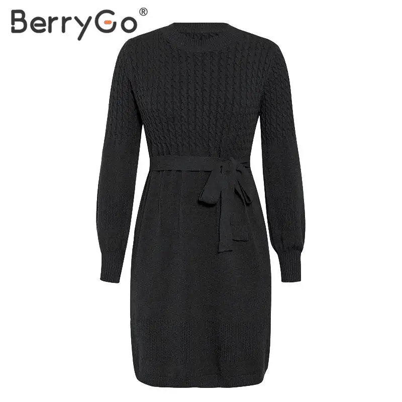 BerryGo трикотажное платье с высокой талией, женское офисное платье, однотонное облегающее шикарное осеннее платье, элегантное мягкое ТРАПЕЦИЕВИДНОЕ женское платье-свитер с поясом - Цвет: Черный